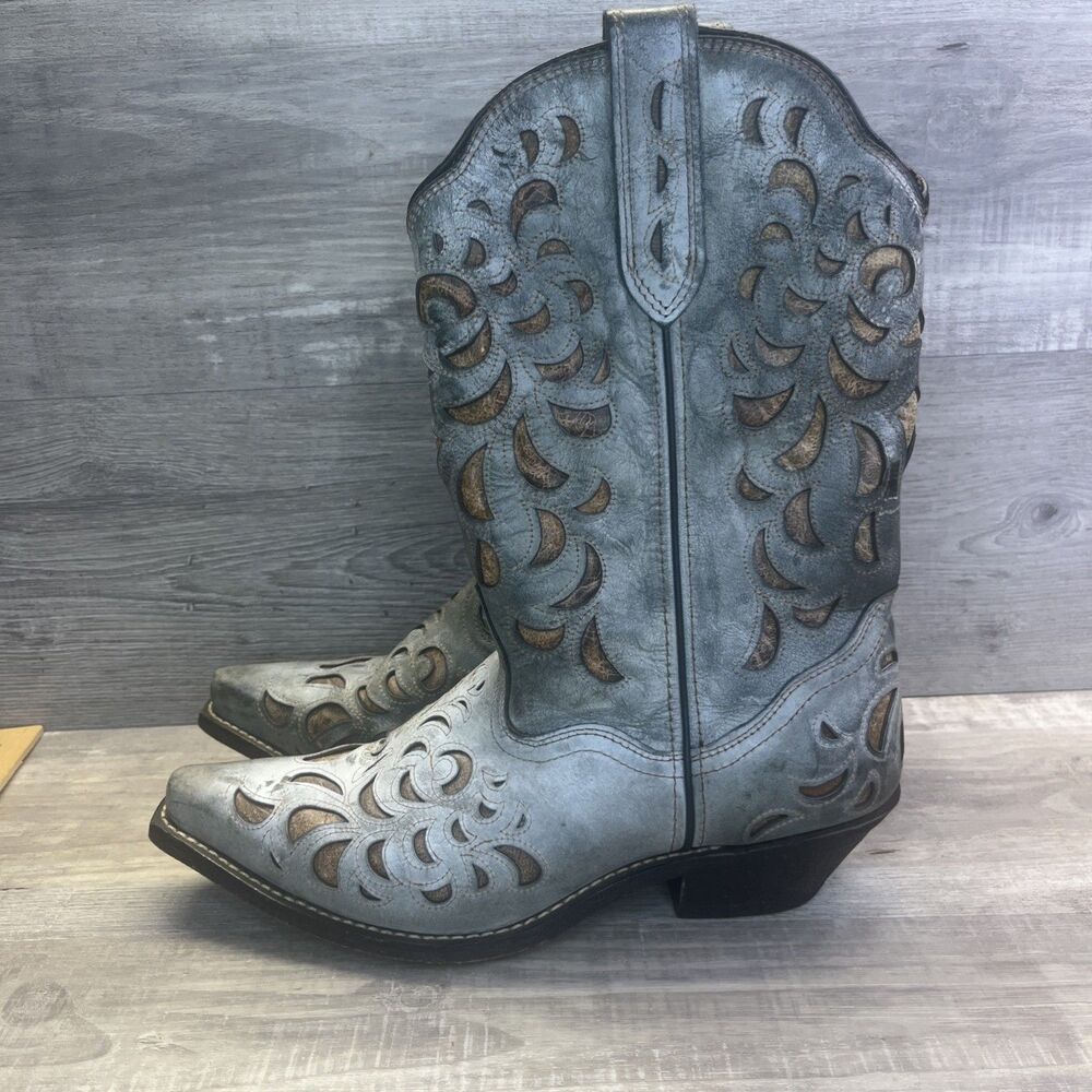 Rockin Country Two Tone Grey Acid Wash Cutout Cowboy Boots Womens 10 M RC4902
